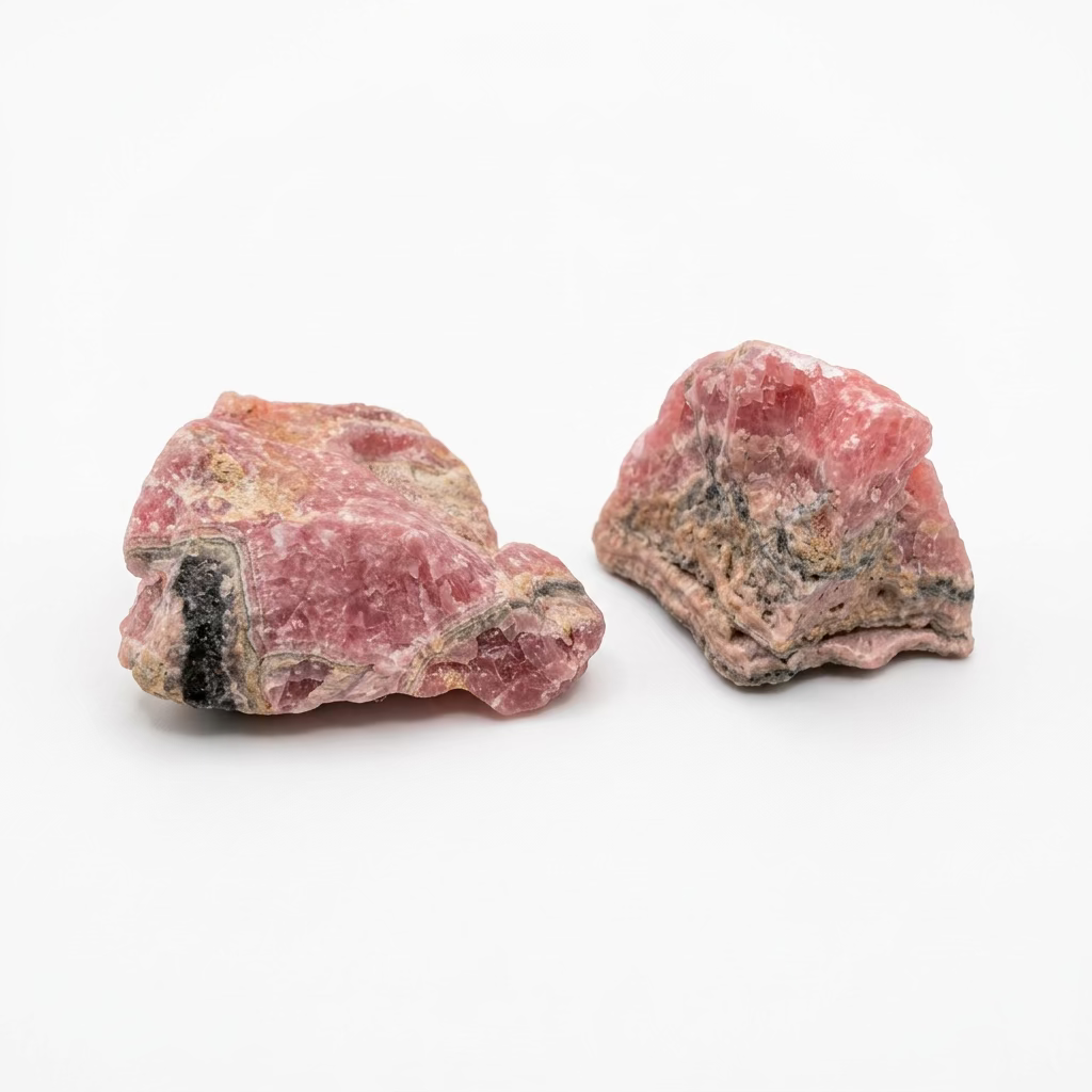 Two natural raw Rhodochrosite crystal specimens, showing distinct pink hues and dark banding, curated on a light wooden display with quartz clusters and a gold stand under soft natural daylight.
