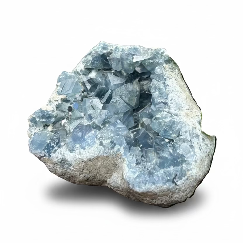 large celestine crystal in a studio with white background