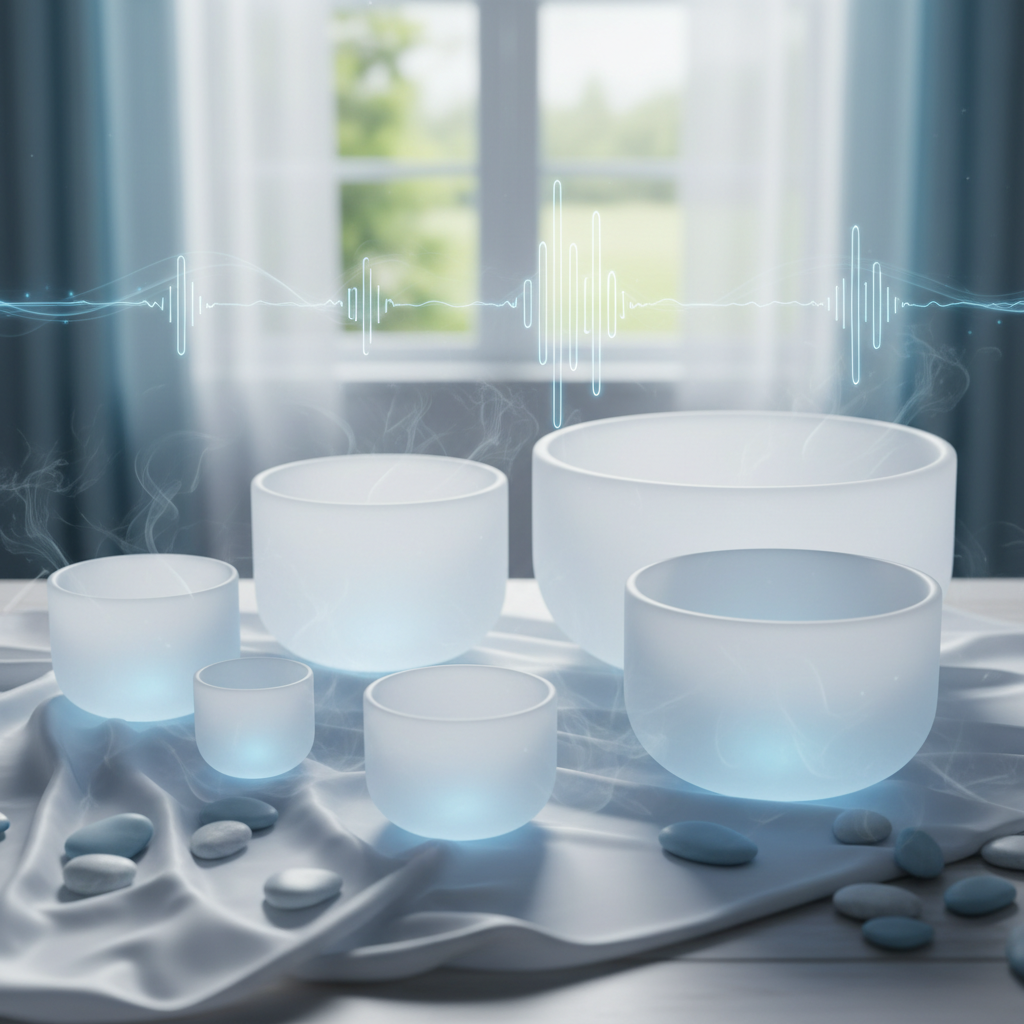Set of frosted crystal bowls on a surface with sound wave graphics above.