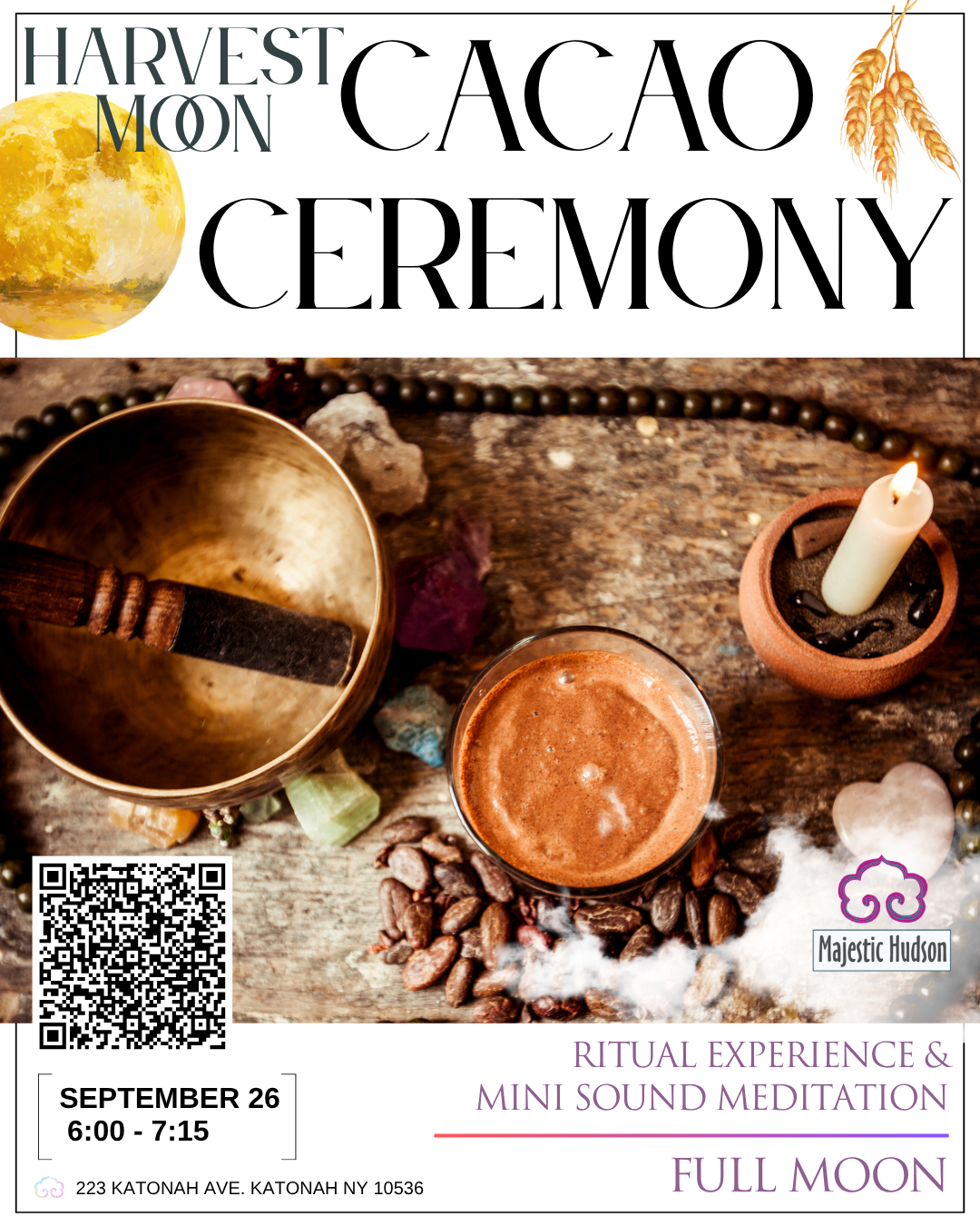 full moon cacao ceremony event poster in katonah, NY on September 26
