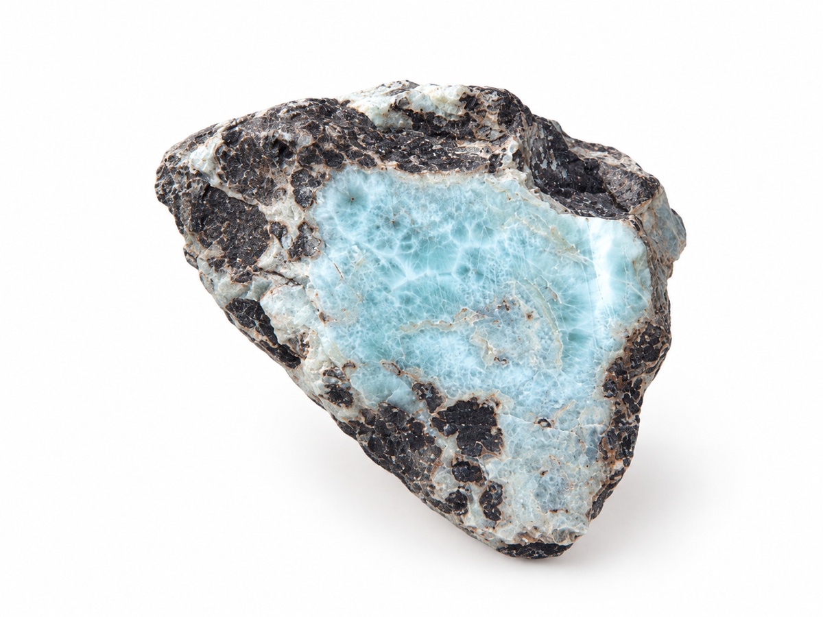 raw mineral matrix and smooth, luminous surface is gorgeous light blue larimar specimen.