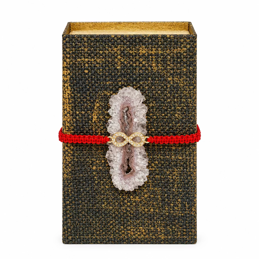 Decorative book to hold a tarot deck, with a red string, amethyst crystal, and gold infinity symbol on a white background