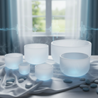 Set of frosted crystal bowls on a surface with sound wave graphics above.